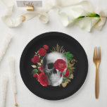 Goth Skull with Red Flowers & Gold Leaves Paper Plate<br><div class="desc">Paper plates with a goth style illustration.  
Beautiful red roses and gold leaves surrounding a black and white skull.</div>