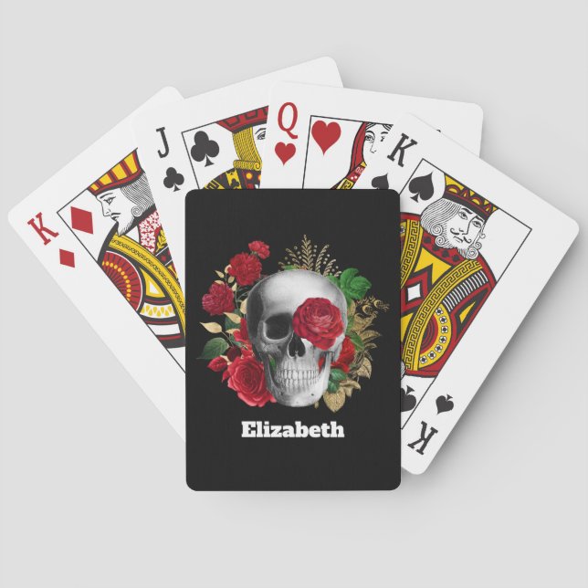 Goth Skull with Red Flowers & Gold Leaves Playing Cards (Back)