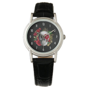 Goth Skull with Red Flowers & Gold Leaves Watch