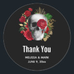 Goth Skull with Red Flowers Wedding Thank You Classic Round Sticker<br><div class="desc">Event Thank you stickers with a goth style illustration.  
Beautiful red roses and gold leaves surrounding a black and white skull.</div>