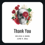 Goth Skull with Red Flowers Wedding Thank You Square Sticker<br><div class="desc">Event Thank you stickers with a goth style illustration.  
Beautiful red roses and gold leaves surrounding a black and white skull.</div>