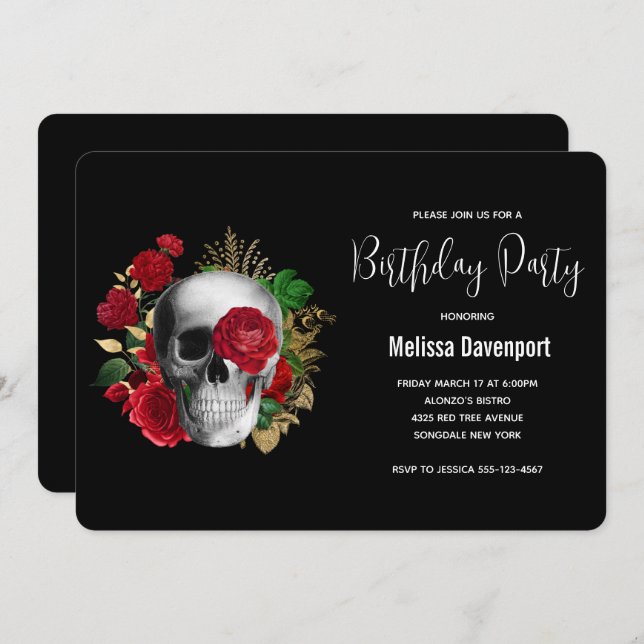 Goth Skull with Red Roses Birthday Invitation (Front/Back)