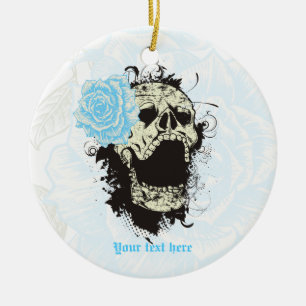 Goth skull with vintage blue rose  keepsake ceramic ornament