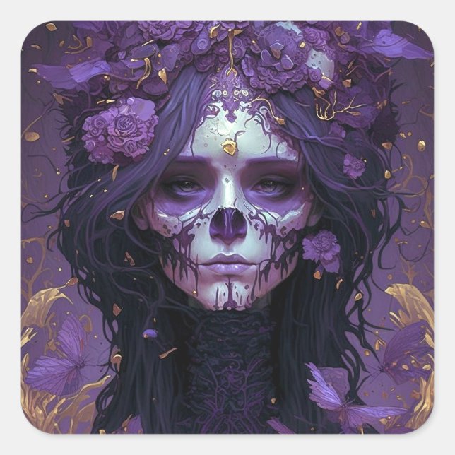 Goth Skull Woman Dark Fantasy Art Square Sticker (Front)