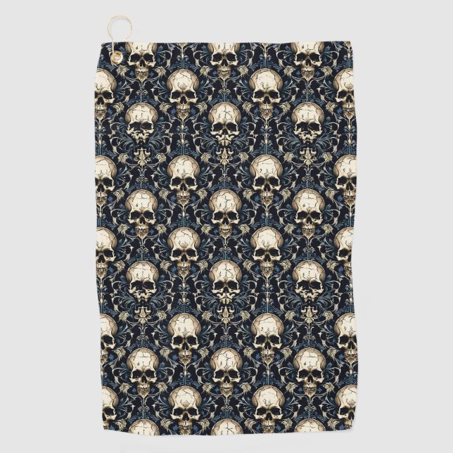 Goth Skulls and Blue Floral Golf Towel (Front)