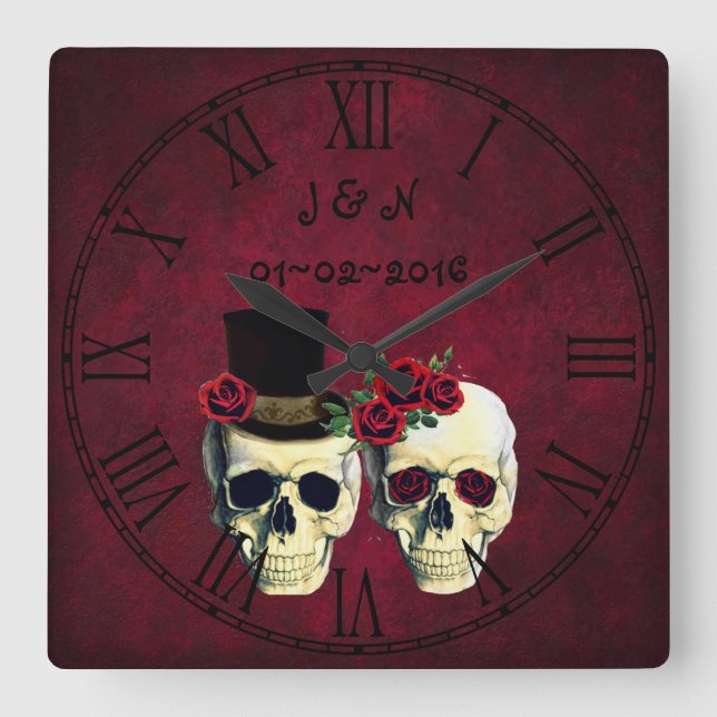 Goth Skulls Married Couple Custom Wedding Square Wall Clock (Front)