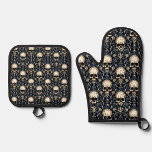 Goth Skulls with Blue Floral Oven Mitt & Pot Holder Set