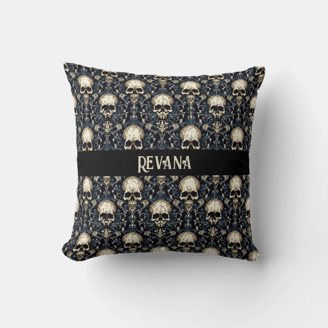 Goth Skulls with Blue Floral Throw Pillow (Front)
