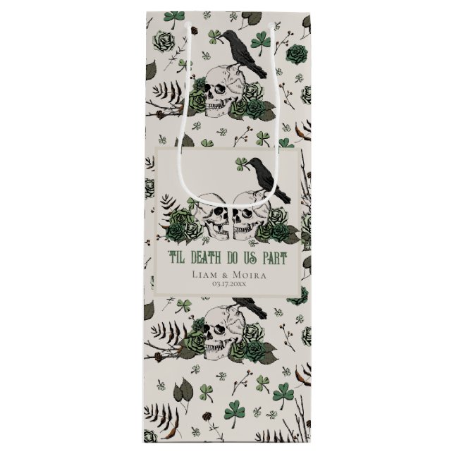 Goth St. Patricks Day Floral Skulls Irish Wedding Wine Gift Bag (Front)