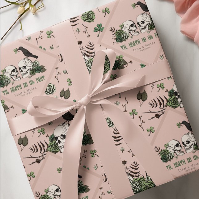 Goth St. Patricks Day Floral Skulls Irish Wedding Wrapping Paper (Chic Gothic Irish Wedding Til Death Do Us Part Gift Wrap. HandDrawn Skulls, Black Raven, Green Roses)
