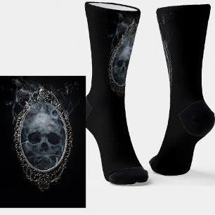 Goth Steam Smoke Skull in Mirror on Black Socks