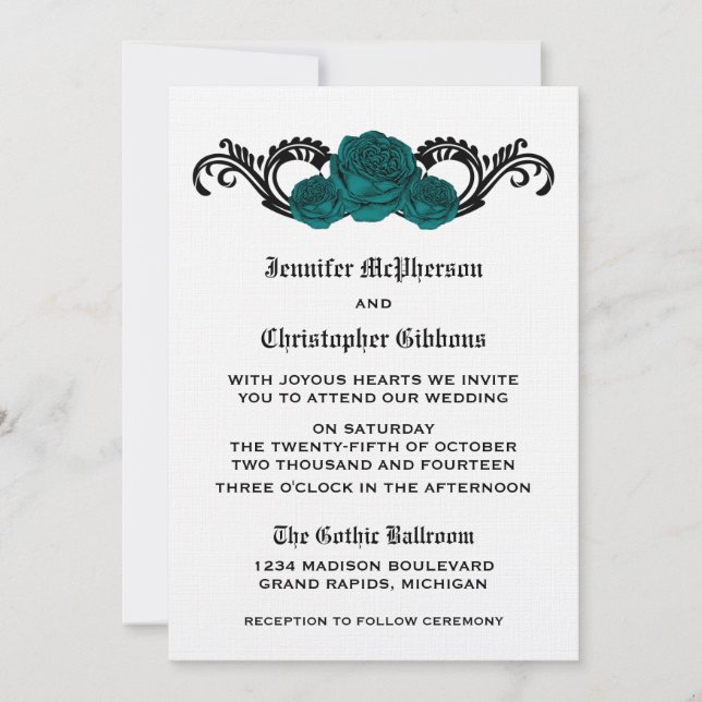 Goth Swirl Roses Wedding Invite, Teal Invitation (Front)