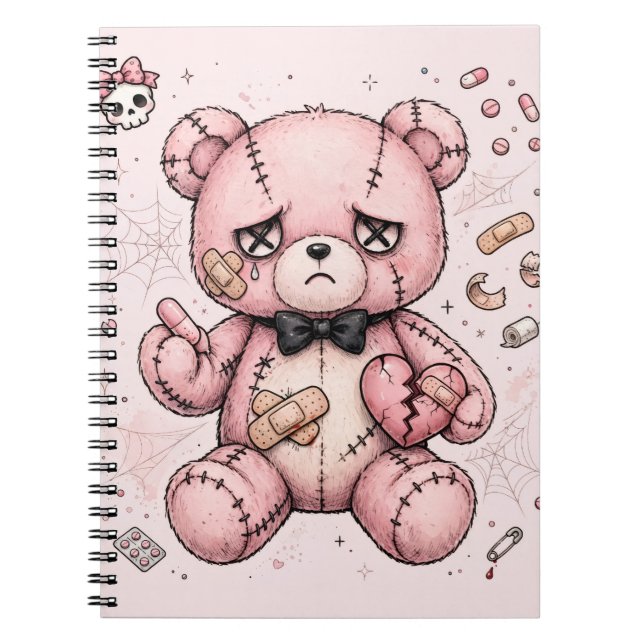 Goth Teddy Bear Pill Pattern Yami Kawaii Notebook (Front)
