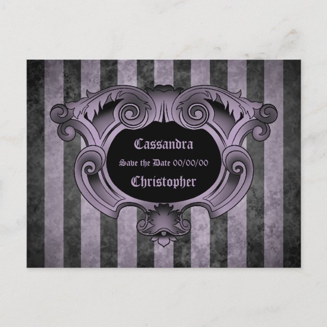 Goth theme black and purple save the date wedding announcement postcard (Front)
