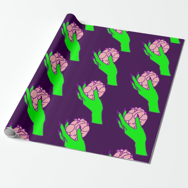 goth valentine creepy human heart green hand  wrapping paper (Unrolled)