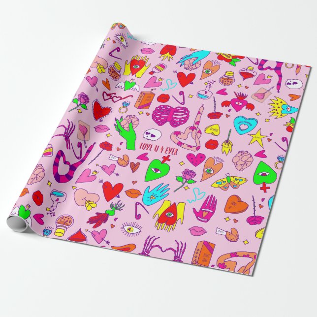 goth valentine creepy skull human heart potion wrapping paper (Unrolled)