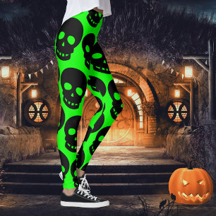 Goth Vert Acide Gros Crânes Noirs Leggings
