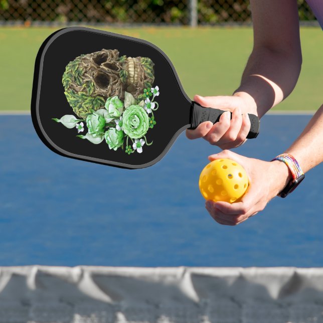 Goth Vine Covered Tree Skull With Green Flowers Pickleball Paddle (Insitu)