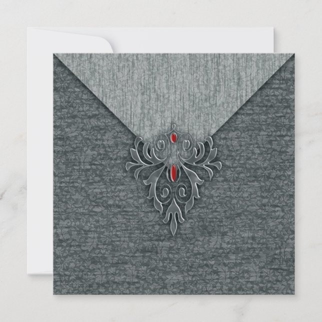 Goth Vintage Damask Red Jewelled Invitation (Front)