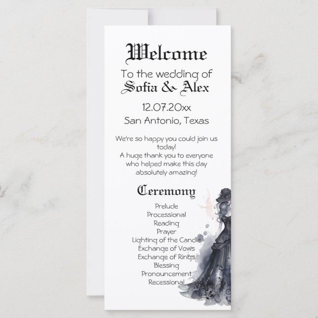 Goth wedding black dress watercolor rose Program (Front)