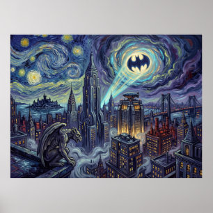 Gotham City Starry Night Comic Landscape Poster