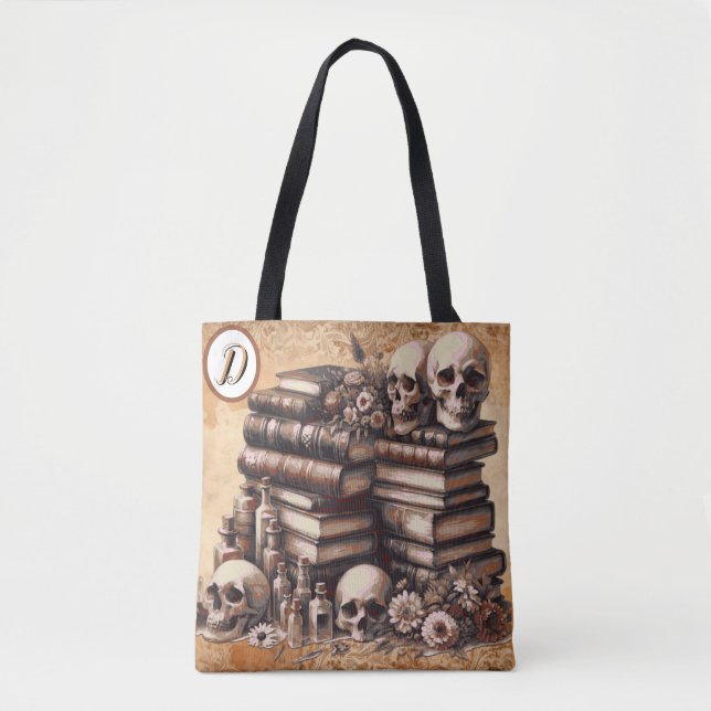 Gothic Academia Library of Skulls Monogram  Tote Bag (Front)