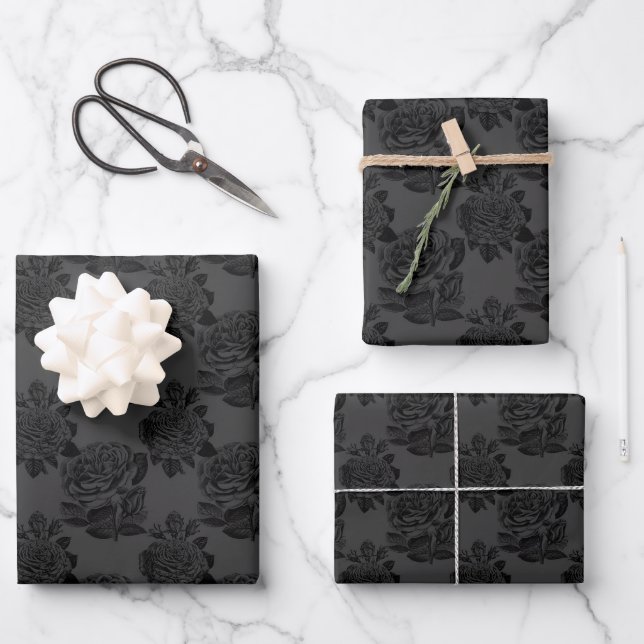 Gothic Aesthetic Roses Matte Grey & Black Wrapping Paper Sheet (Front)