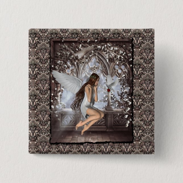 Gothic Angel and Her Dove 2 Inch Square Button (Front)