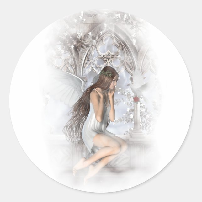 Gothic Angel and Her Dove Vignette Classic Round Sticker (Front)