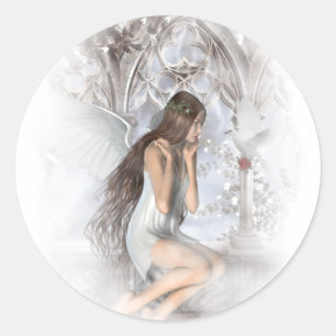 Gothic Angel and Her Dove Vignette Classic Round Sticker