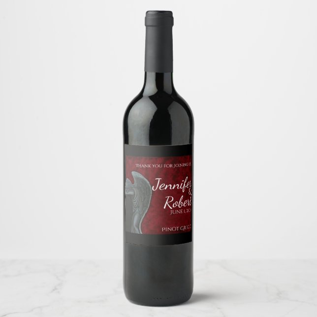 Gothic Angel on Red Velvet Wedding Wine Label (Front)