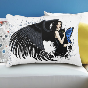 Gothic Angel Wings Black Cat Blue Fairy Accent Pillow
