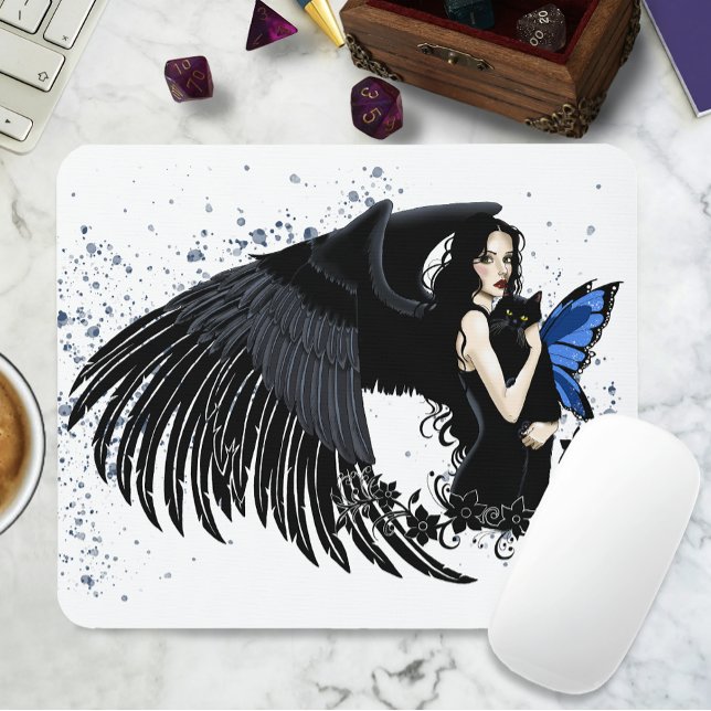 Gothic Angel Wings Black Cat Blue Fairy Mouse Pad (Creator Uploaded)