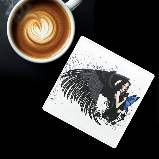 Gothic Angel Wings Black Cat Glass Coaster (Creator Uploaded)