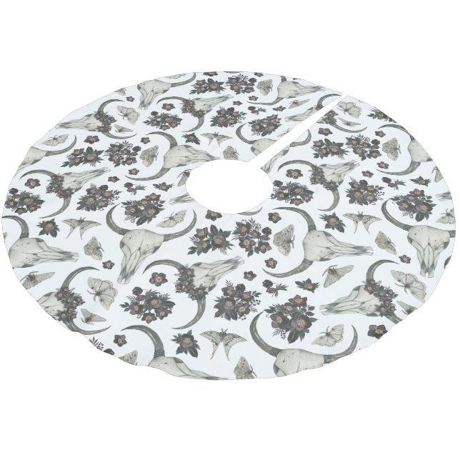 Gothic Animal Skull With Flowers Pattern Brushed Polyester Tree Skirt (Angled)