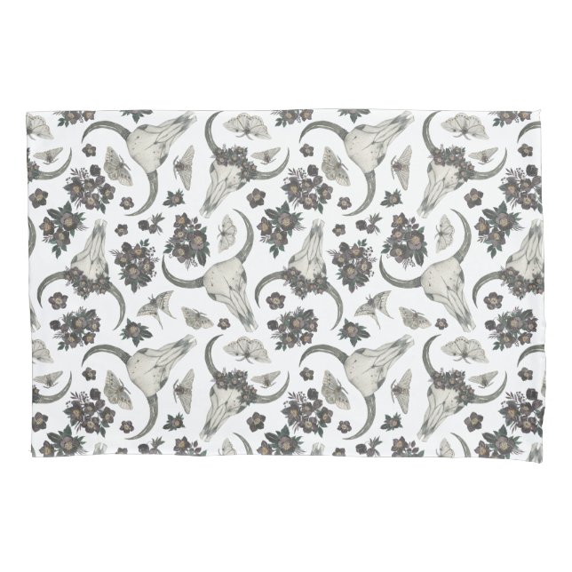 Gothic Animal Skull With Flowers Pattern Pillowcase (Front)