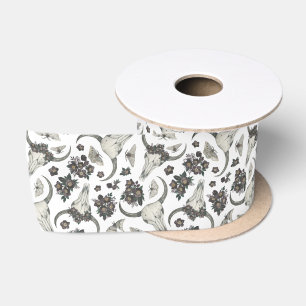 Gothic Animal Skull With Flowers Pattern Satin Ribbon
