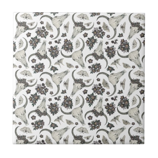 Gothic Animal Skull With Flowers Pattern Tile (Front)