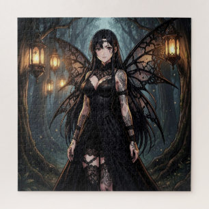 Gothic Anime Fairy Girl in Enchanted Forest Jigsaw Puzzle
