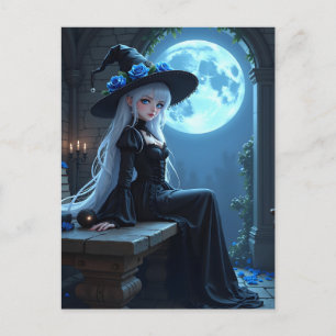 Gothic Anime Witch Full Blue Moon Halloween Holiday Postcard