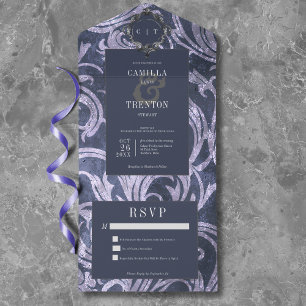 Gothic Antique Purple Damask No Dinner Wedding All In One Invitation