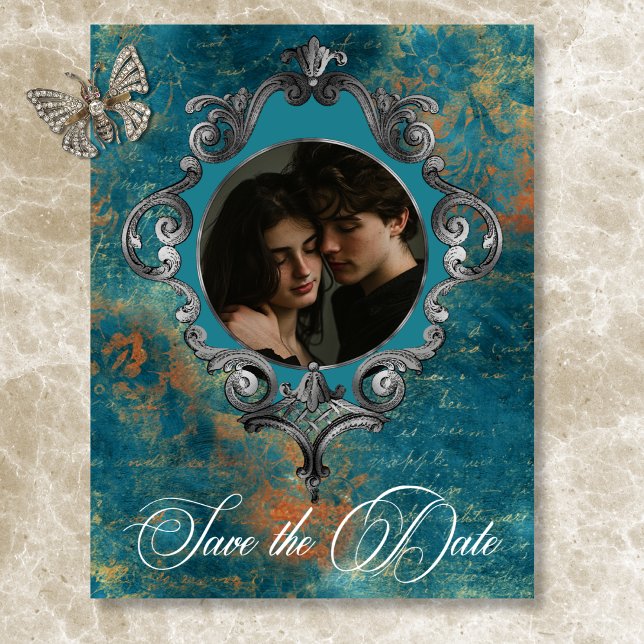 Gothic Antique Teal Gold Damask Photo Wedding Save The Date (Gothic Antique Teal Gold Damask Wedding Save The Date Photo)