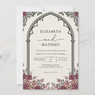 Gothic Arch Burgundy Floral Wedding Invitation