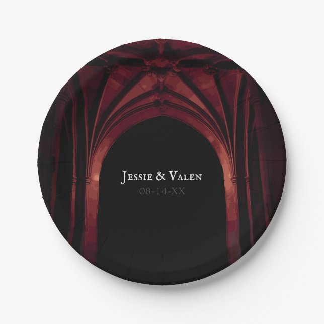 Gothic Arch Elegant Wedding Dark Black Red Paper Plate (Front)