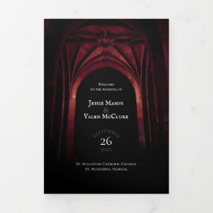 Gothic Arch Elegant Wedding Dark Black Red Tri-Fold Programme