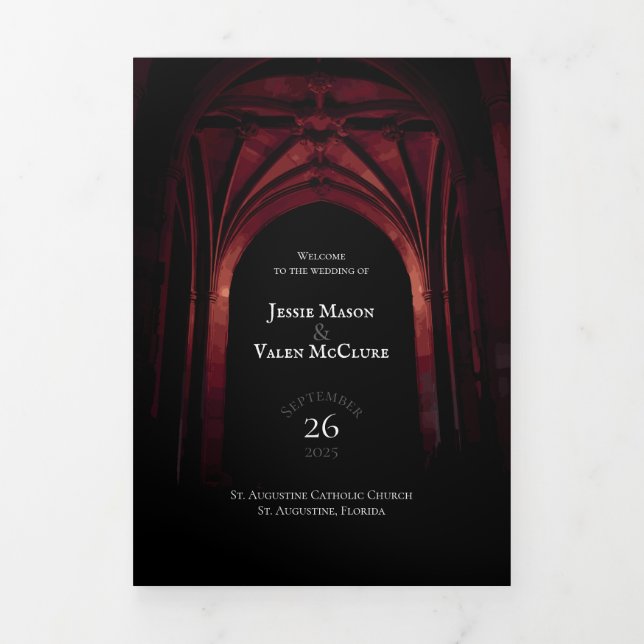 Gothic Arch Elegant Wedding Dark Black Red Tri-Fold Programme (Cover)