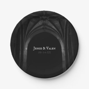 Gothic Arch Elegant Wedding Dark Black & White Paper Plate