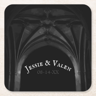 Gothic Arch Elegant Wedding Dark Black & White Square Paper Coaster