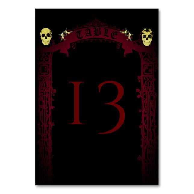 Gothic Arch Trellis and Skulls Wedding Table Number (Front)