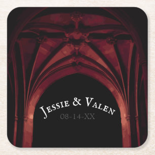 Gothic Arch Wedding Dark Red Square Paper Coaster
